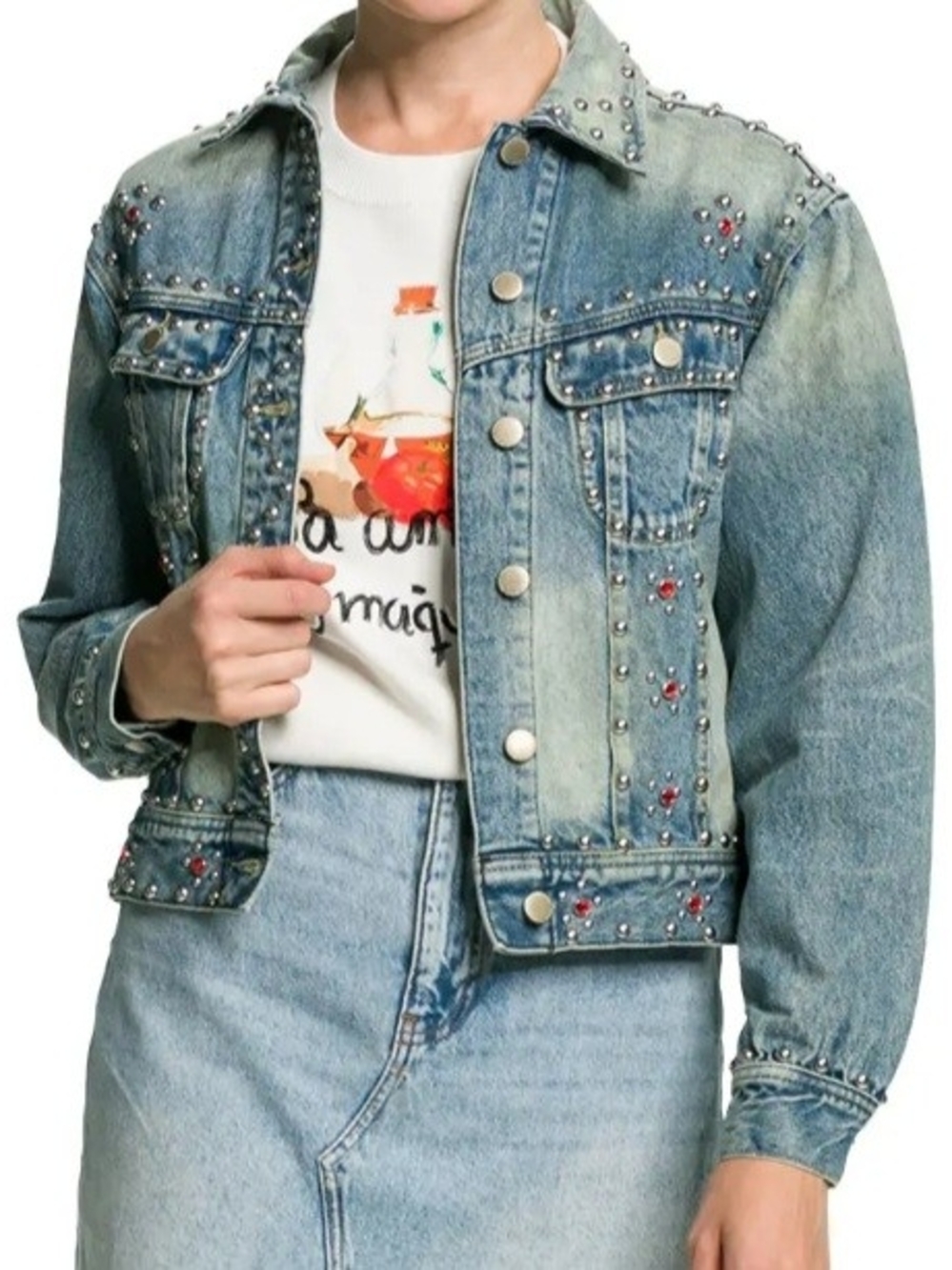 Desigual Studded Blue Denim Jacket with Red Accent - Picture 2 of 9